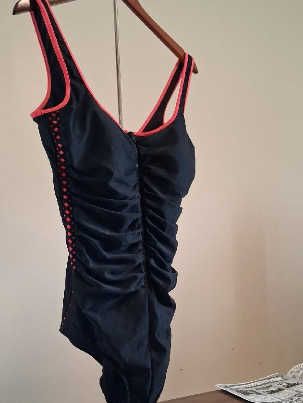 Black Ruched One-Piece Swimsuit with Pink Trim